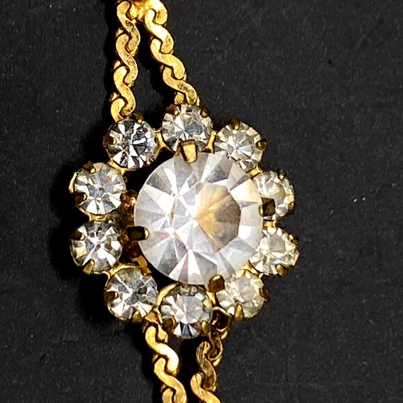 Vtg Unsigned GOLDETTE Crystal Tassel Necklace Double Row Floral Goldtone 16 1/2" - Picture 7 of 8